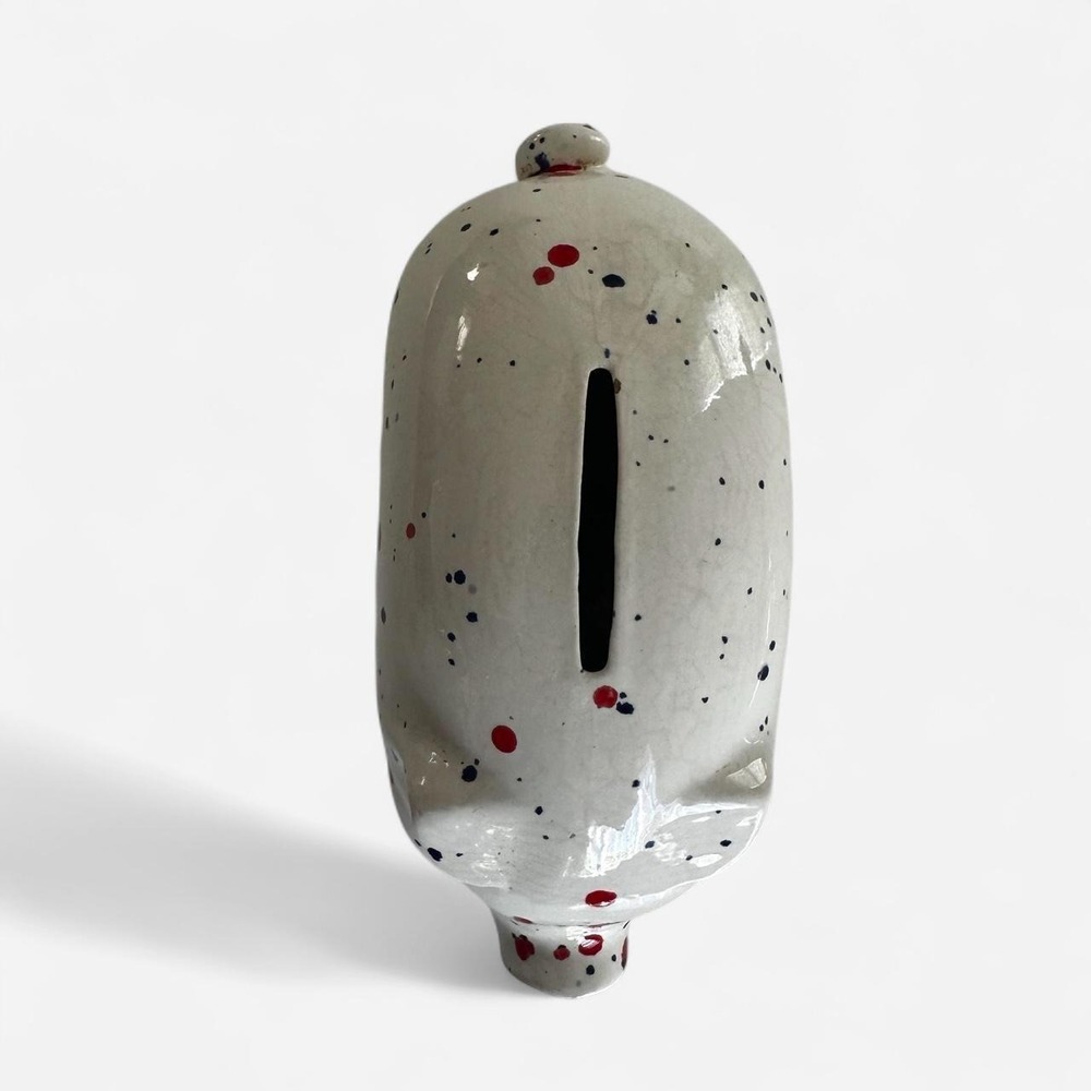 Vintage handmade Ceramic Piggy Bank Splatter Paint White - Picture 5 of 8